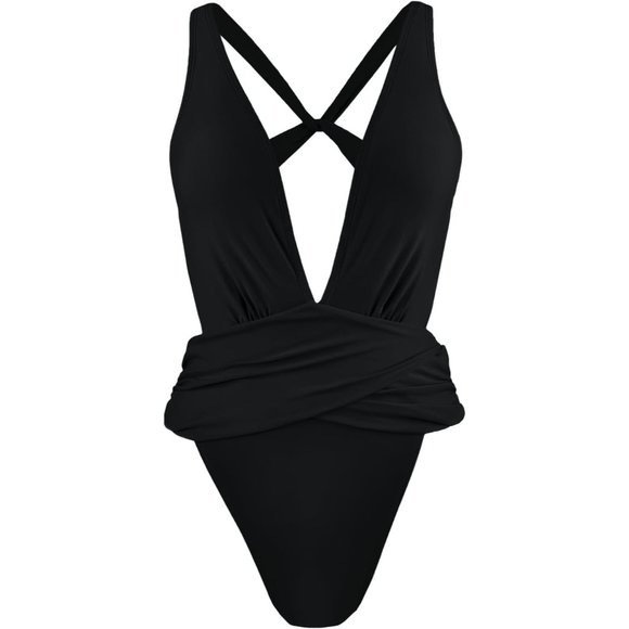 Women Black One Piece Cut Out Cross Back Tie Deep V Neck Bathing Suit - Picture 5 of 6